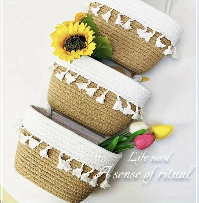living room bedroom entryway Over The Door Hanging Basket Boho Woven Over-Door Storage Organizer – 3-Tier Cotton Hanging Baskets