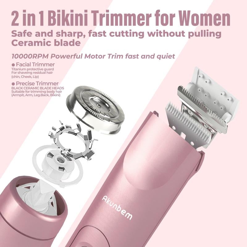 🩱Akunbem Bikini Trimmer for Women, Electric Shaver and Razor Rechargeable 2-in-1 Body and Facial Epilator