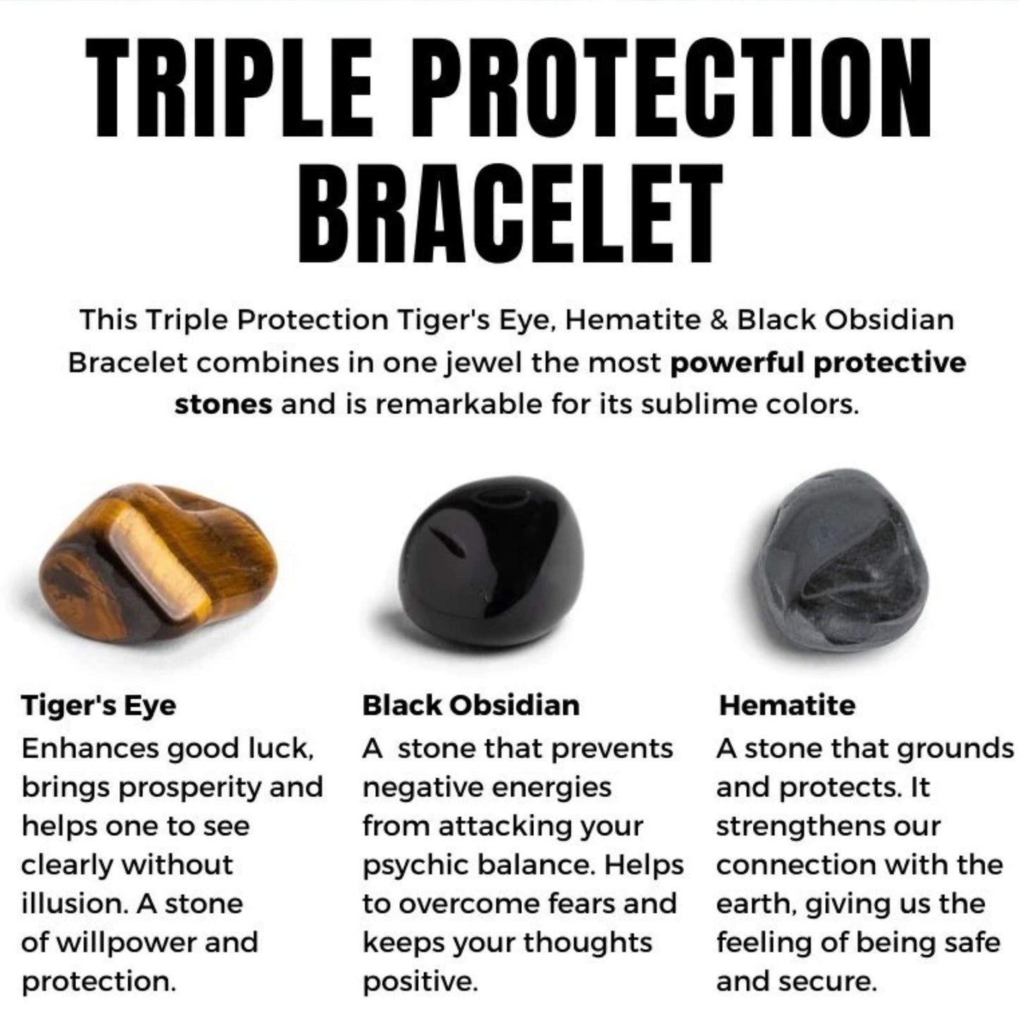 šTriple Crystal Bracelet Set ā 8mm Tigerās Eye, Obsidian, Amethyst, Apatite, Rose Quartz & Hematite