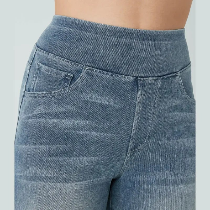 ๐ Women's High-Waisted Washed Baggy Wide-Leg Stretchy Knit Jeans with Multiple Pockets โ Comfortable Casual Denim
