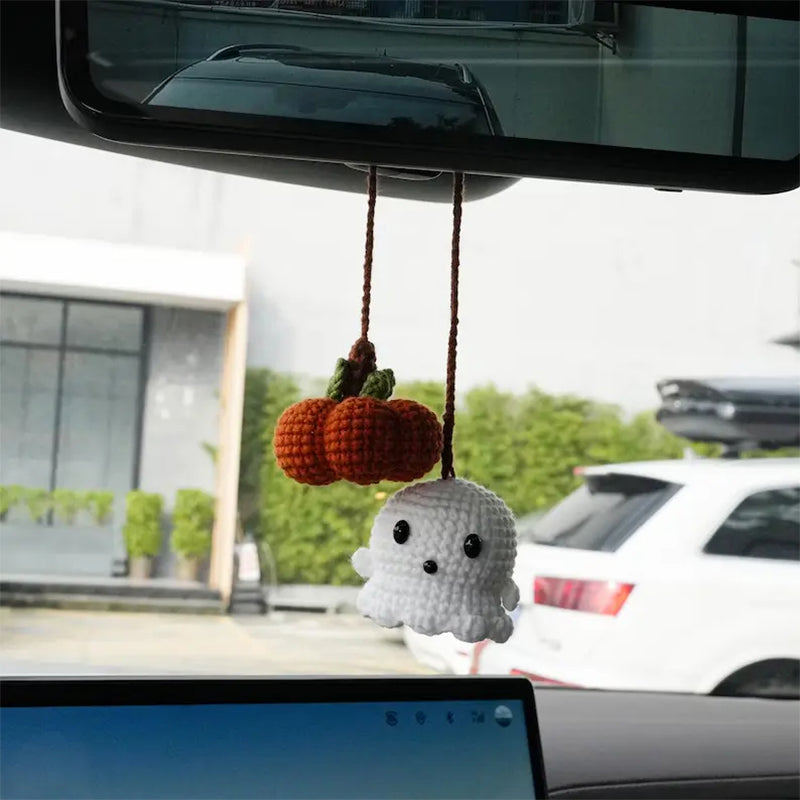 🔥🔥🔥Crochet Ghost and Pumpkin Rearview Mirror Hanging Ornament