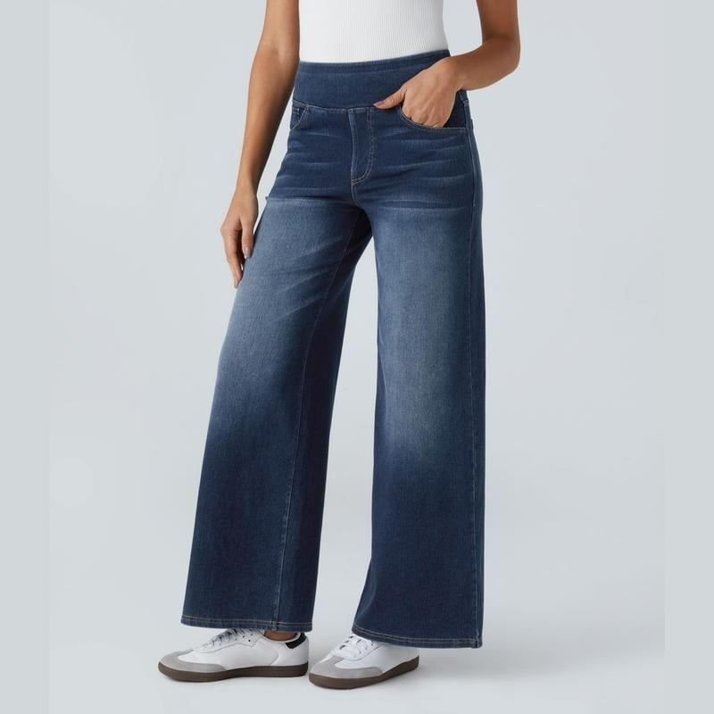 ๐ Women's High-Waisted Washed Baggy Wide-Leg Stretchy Knit Jeans with Multiple Pockets โ Comfortable Casual Denim