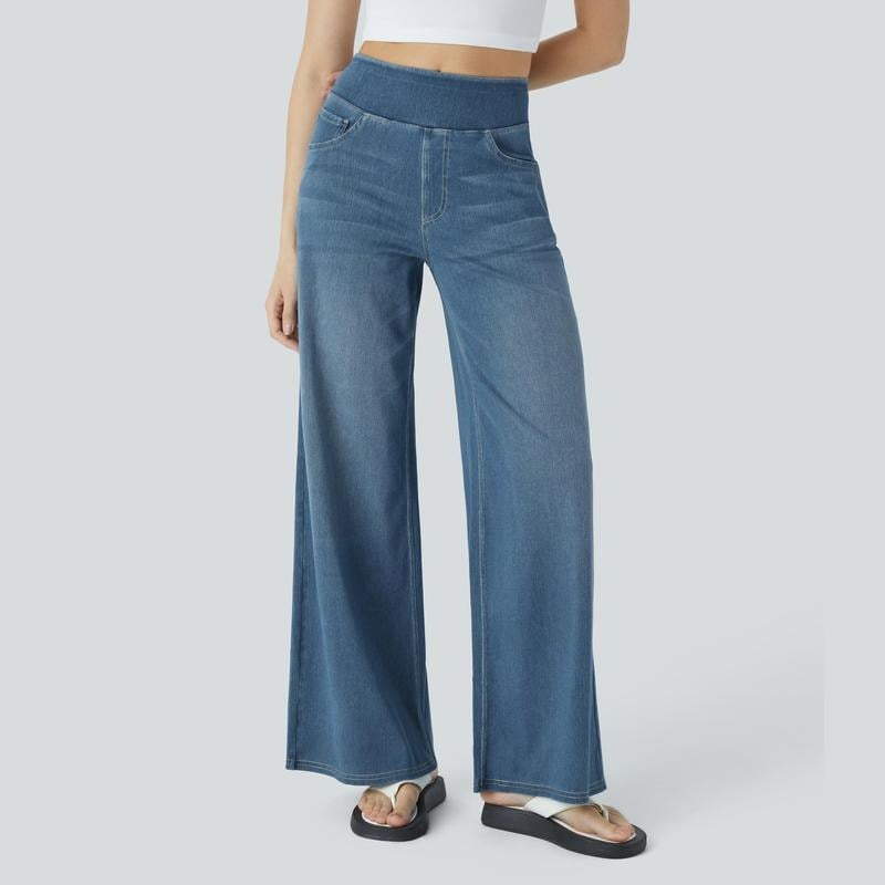 ๐ Women's High-Waisted Washed Baggy Wide-Leg Stretchy Knit Jeans with Multiple Pockets โ Comfortable Casual Denim