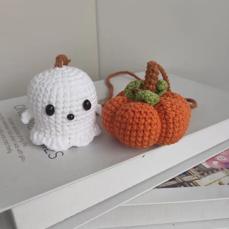 🔥🔥🔥Crochet Ghost and Pumpkin Rearview Mirror Hanging Ornament