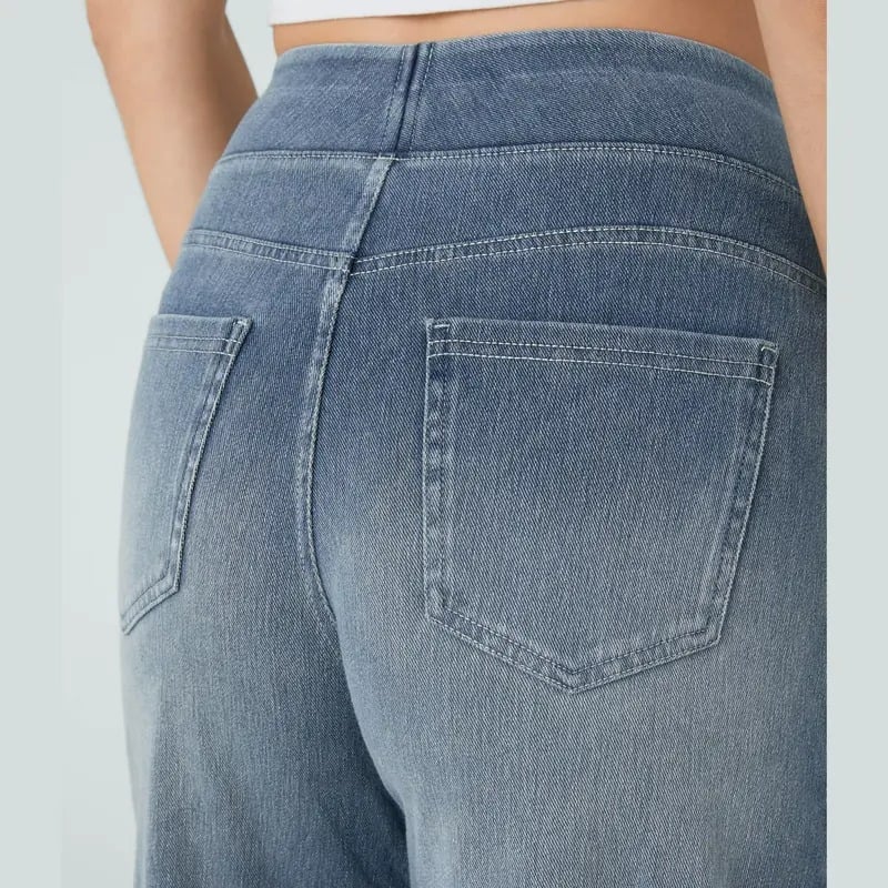 ๐ Women's High-Waisted Washed Baggy Wide-Leg Stretchy Knit Jeans with Multiple Pockets โ Comfortable Casual Denim