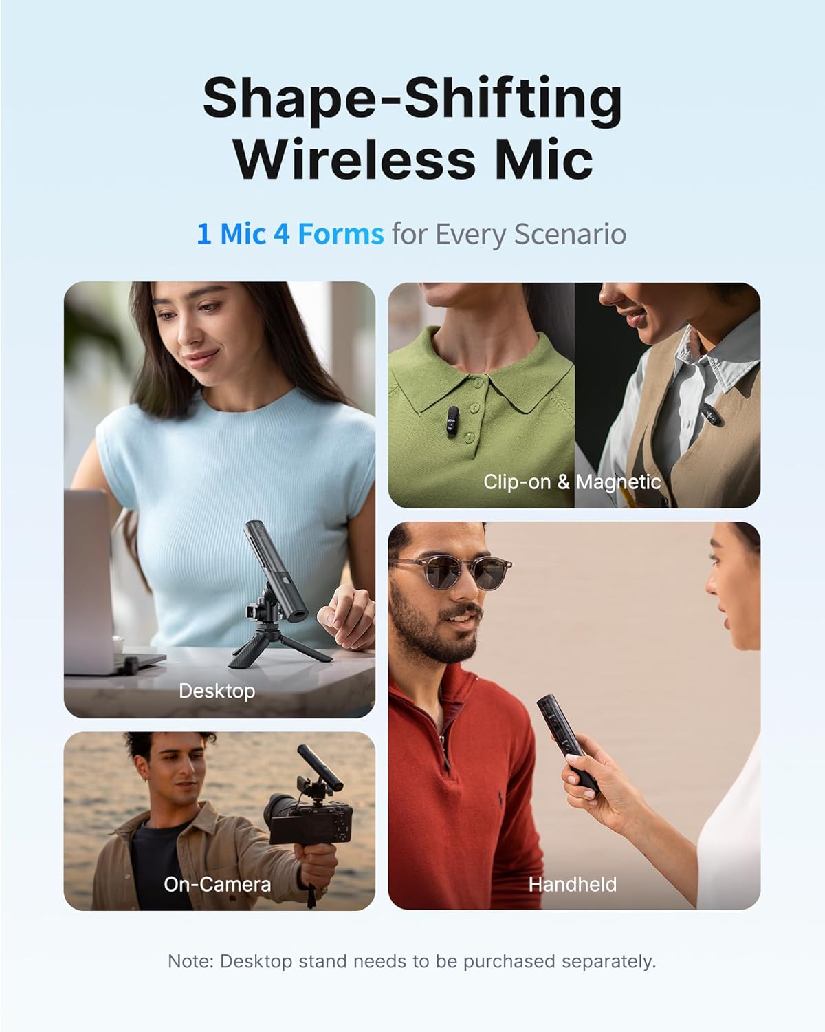 Magic Wireless Mini Microphones for iPhone/Android, 4 Form-in-1 Mic, 7g Lightweight, AI Noise Reduction, 48kHz/24bit, APP Control, 328ft Range, Microphone for Recording