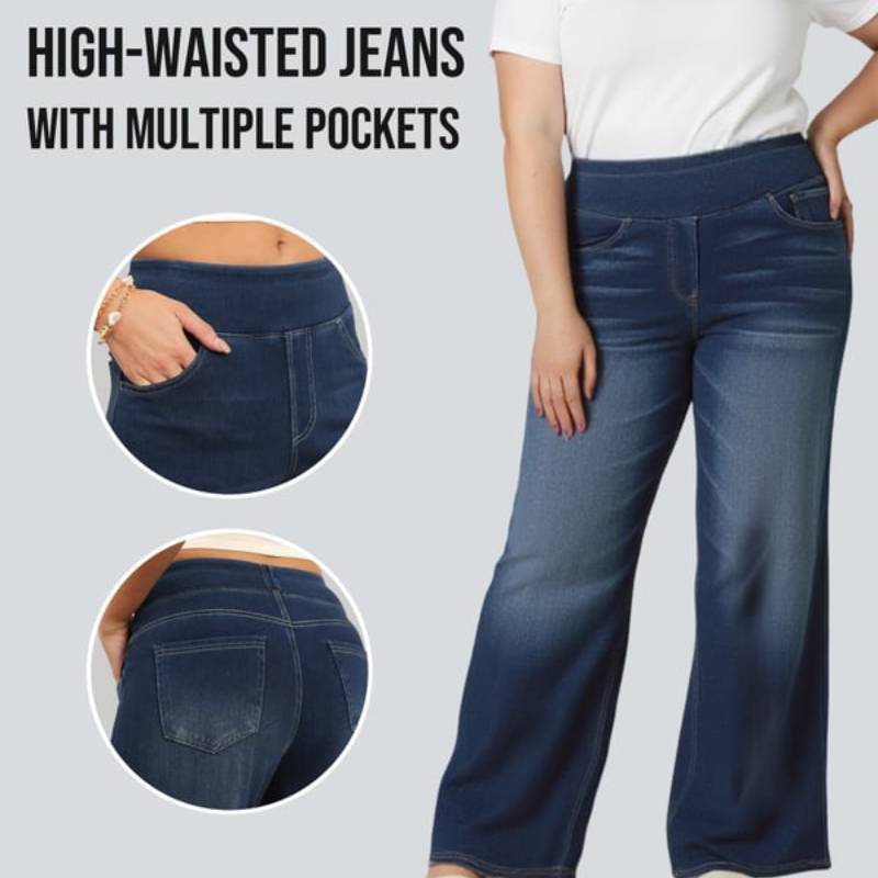 ๐ Women's High-Waisted Washed Baggy Wide-Leg Stretchy Knit Jeans with Multiple Pockets โ Comfortable Casual Denim