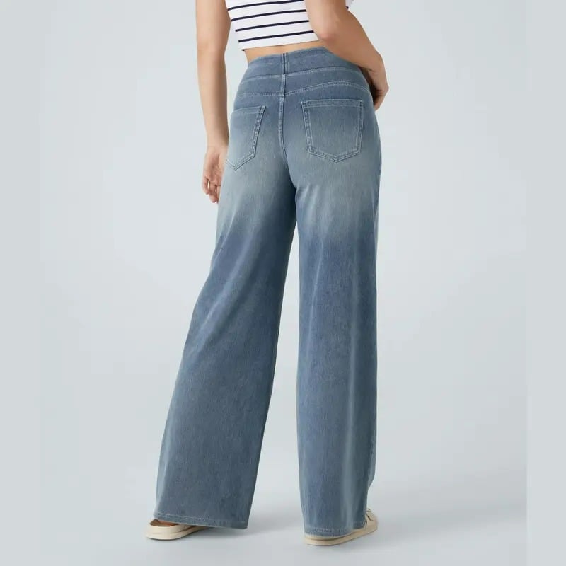 ๐ Women's High-Waisted Washed Baggy Wide-Leg Stretchy Knit Jeans with Multiple Pockets โ Comfortable Casual Denim