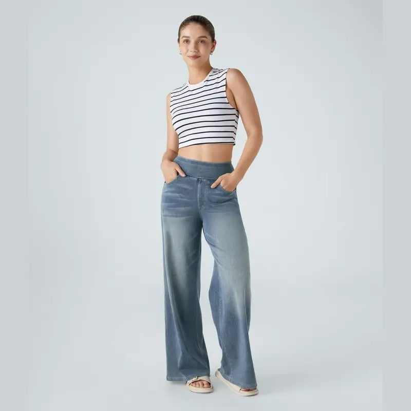 ๐ Women's High-Waisted Washed Baggy Wide-Leg Stretchy Knit Jeans with Multiple Pockets โ Comfortable Casual Denim