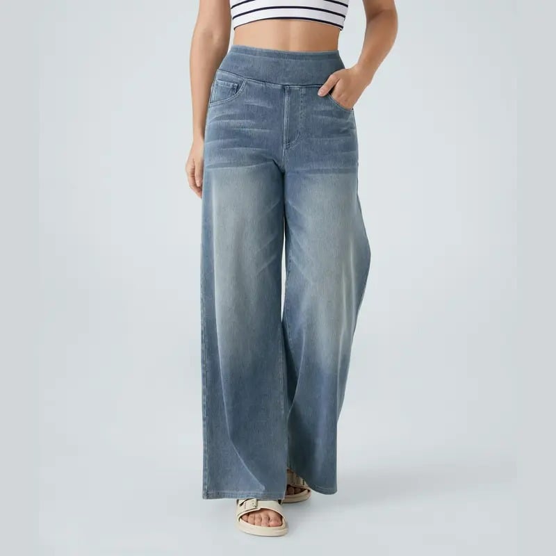 ๐ Women's High-Waisted Washed Baggy Wide-Leg Stretchy Knit Jeans with Multiple Pockets โ Comfortable Casual Denim