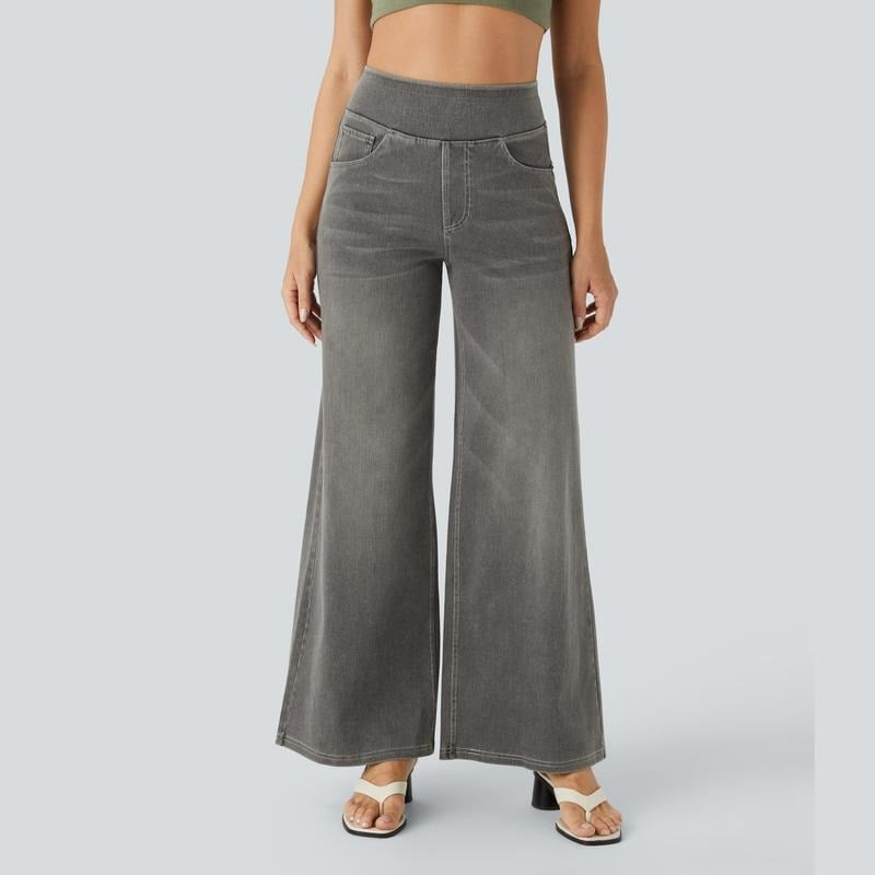 ๐ Women's High-Waisted Washed Baggy Wide-Leg Stretchy Knit Jeans with Multiple Pockets โ Comfortable Casual Denim