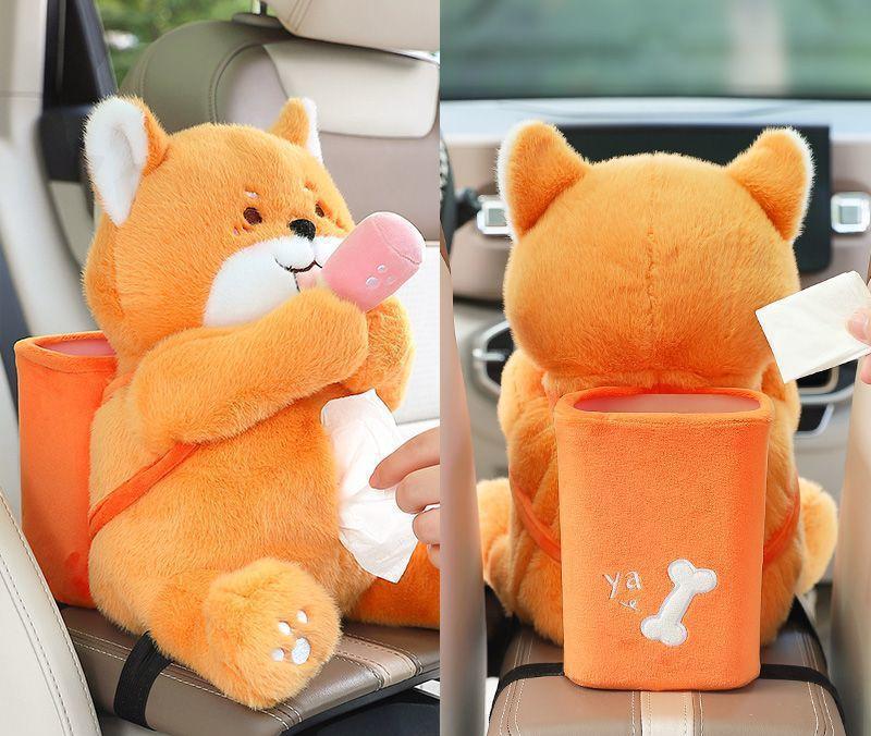 Cute Plush 2 in 1 Car Tissue Box and Trash Can