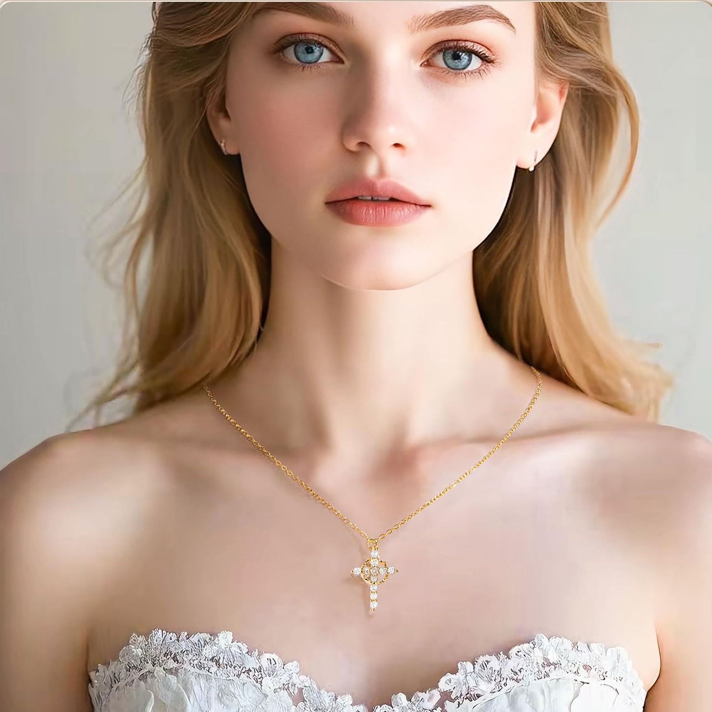 ✨ 14K Gold Plated Crown Cross Necklace