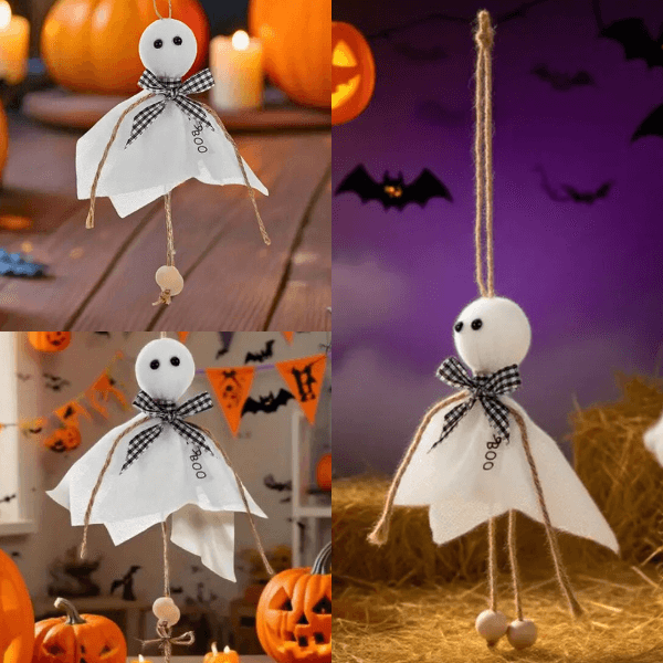 Ghostly Farmhouse Hanging Ornaments – Black & White Bow Style
