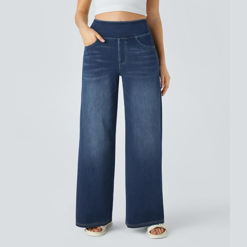 🏆 Women's High-Waisted Washed Baggy Wide-Leg Stretchy Knit Jeans with Multiple Pockets – Comfortable Casual Denim