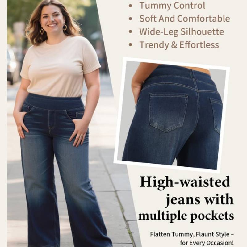 🏆 Women's High-Waisted Washed Baggy Wide-Leg Stretchy Knit Jeans with Multiple Pockets – Comfortable Casual Denim