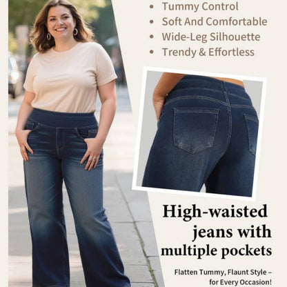 🏆 Women's High-Waisted Washed Baggy Wide-Leg Stretchy Knit Jeans with Multiple Pockets – Comfortable Casual Denim