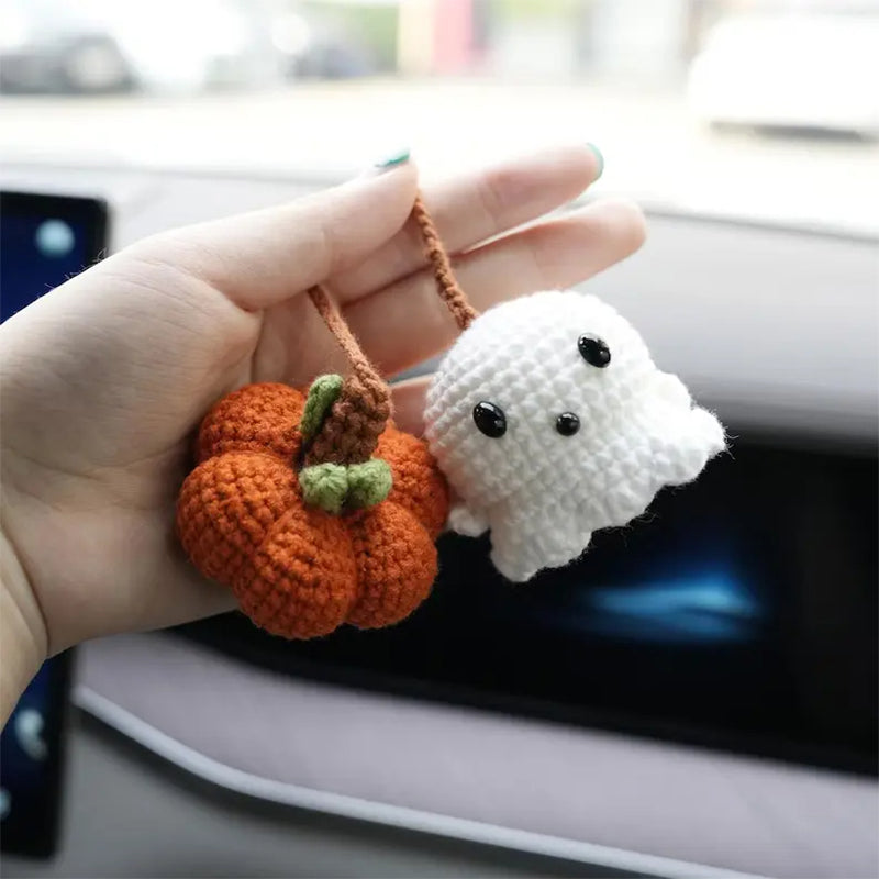 🔥🔥🔥Crochet Ghost and Pumpkin Rearview Mirror Hanging Ornament