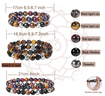 🎁Triple Crystal Bracelet Set – 8mm Tiger’s Eye, Obsidian, Amethyst, Apatite, Rose Quartz & Hematite