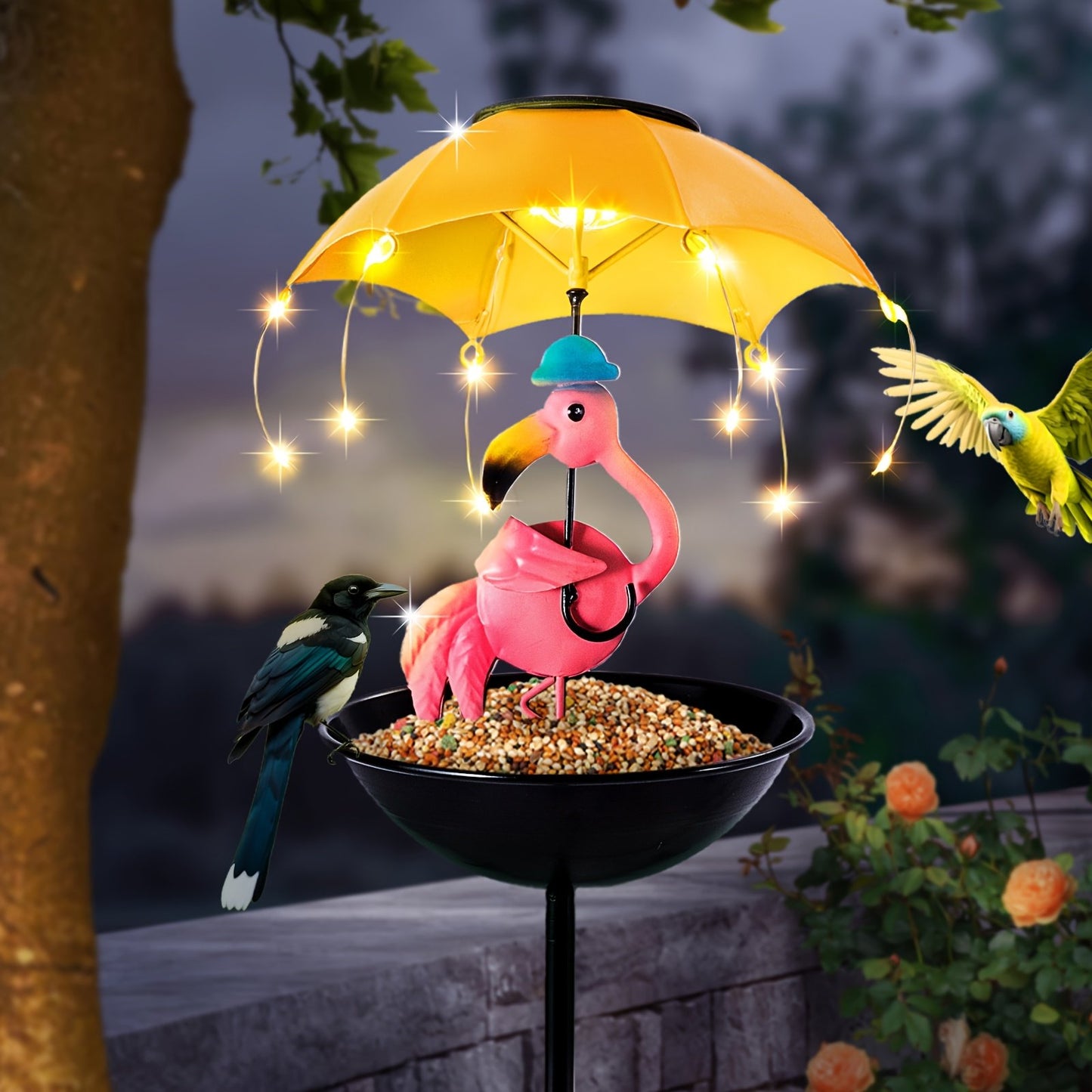 🏆Flash Sale⚡ 50K+ SOLD! Almost Gone-💥Solar-Powered LED Animal Umbrella Light with Bird Feeder(Frog/Bee/Flamingo)