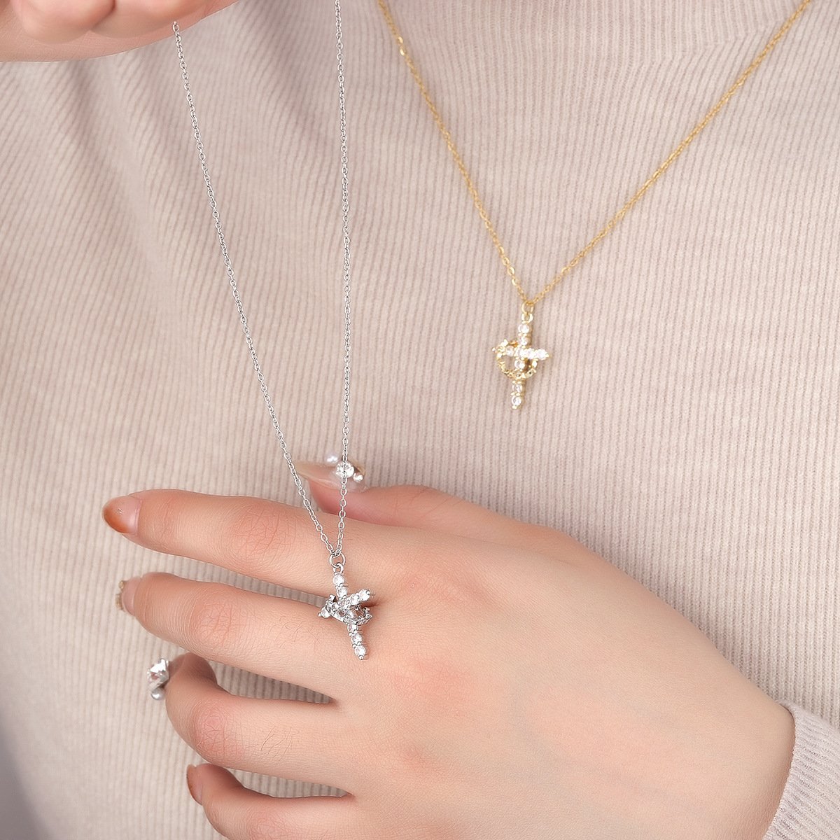 ✨ 14K Gold Plated Crown Cross Necklace
