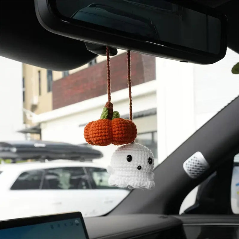 🔥🔥🔥Crochet Ghost and Pumpkin Rearview Mirror Hanging Ornament