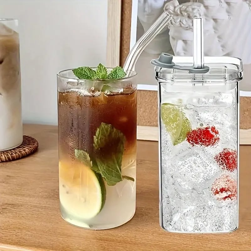 4 Pack Glass Cups with Lids and Straws 13oz Square Glasses Drinking Set