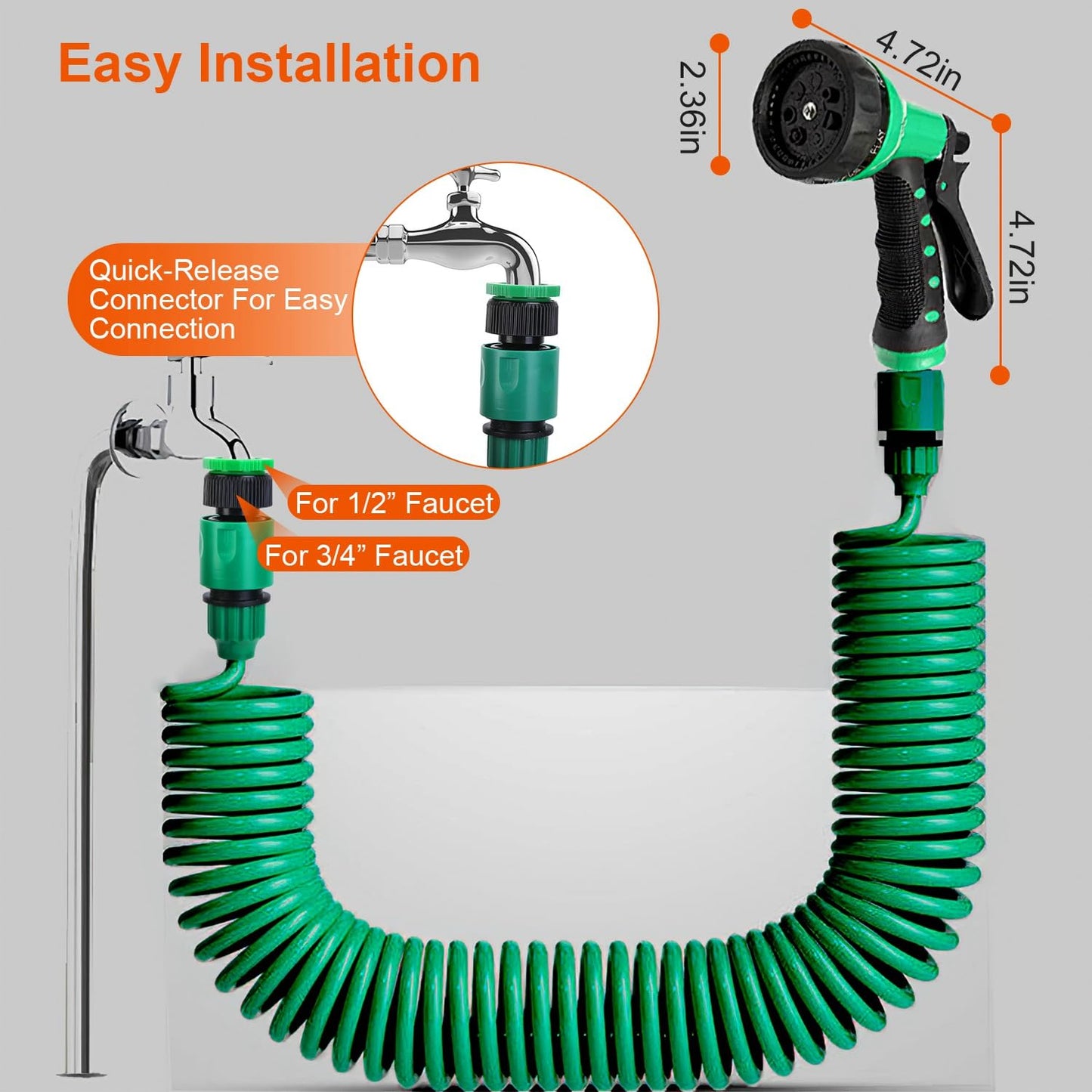 💦 Flexible Self-coiling Water Hose with 3/4” and 1/2” Adapter