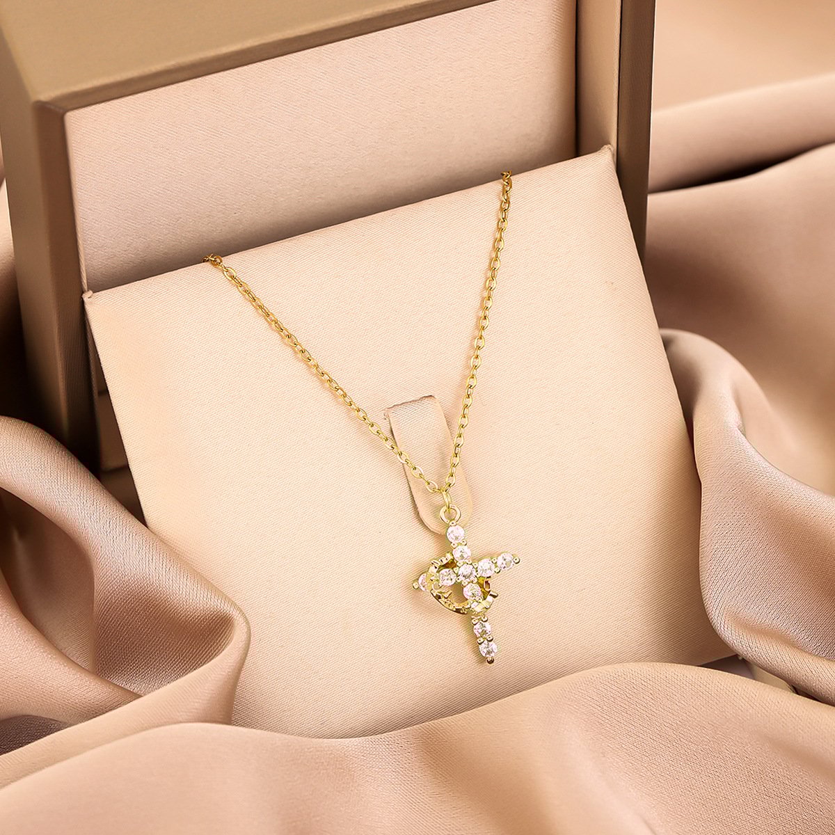 ✨ 14K Gold Plated Crown Cross Necklace