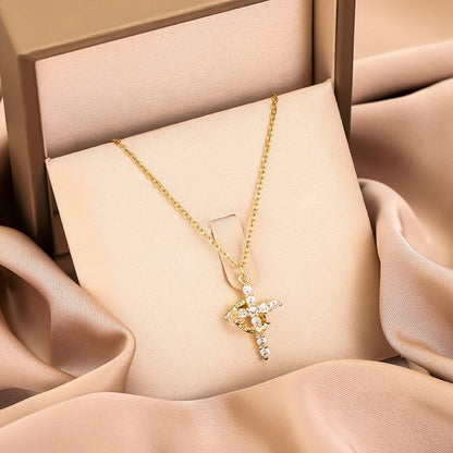 ✨ 14K Gold Plated Crown Cross Necklace