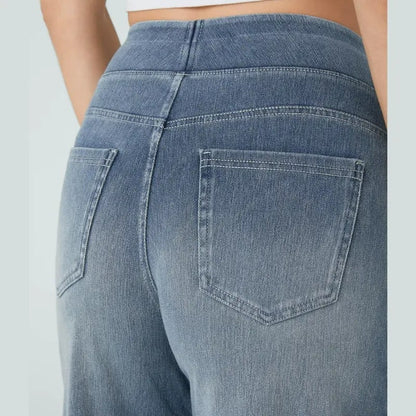 🏆 Women's High-Waisted Washed Baggy Wide-Leg Stretchy Knit Jeans with Multiple Pockets – Comfortable Casual Denim