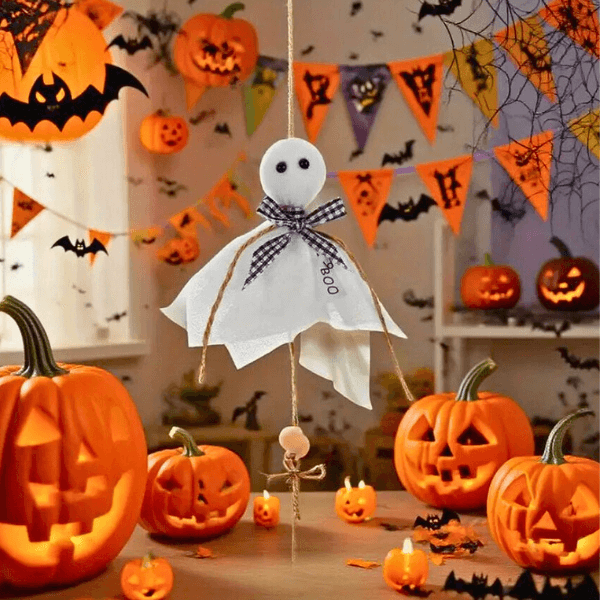 Ghostly Farmhouse Hanging Ornaments – Black & White Bow Style