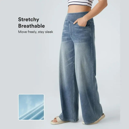 🏆 Women's High-Waisted Washed Baggy Wide-Leg Stretchy Knit Jeans with Multiple Pockets – Comfortable Casual Denim