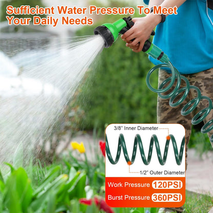 💦 Flexible Self-coiling Water Hose with 3/4” and 1/2” Adapter
