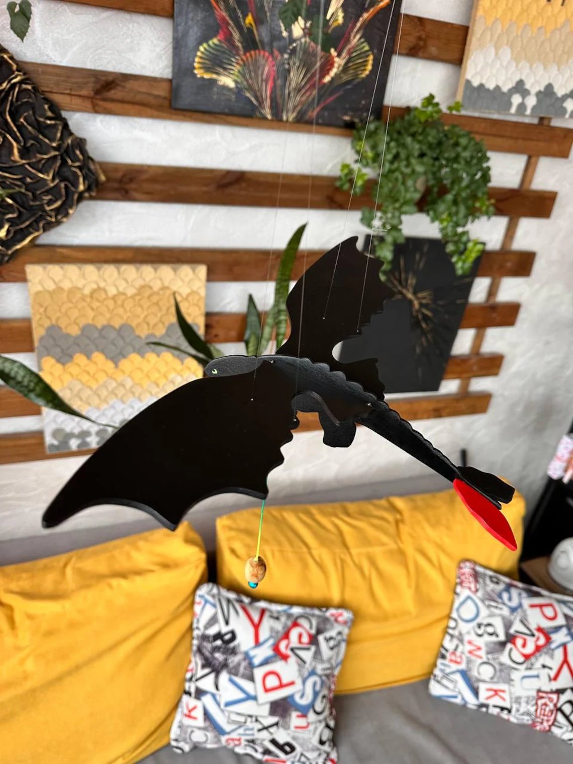 Handmade Flying Wooden Toothless Dragon Hanging Decor