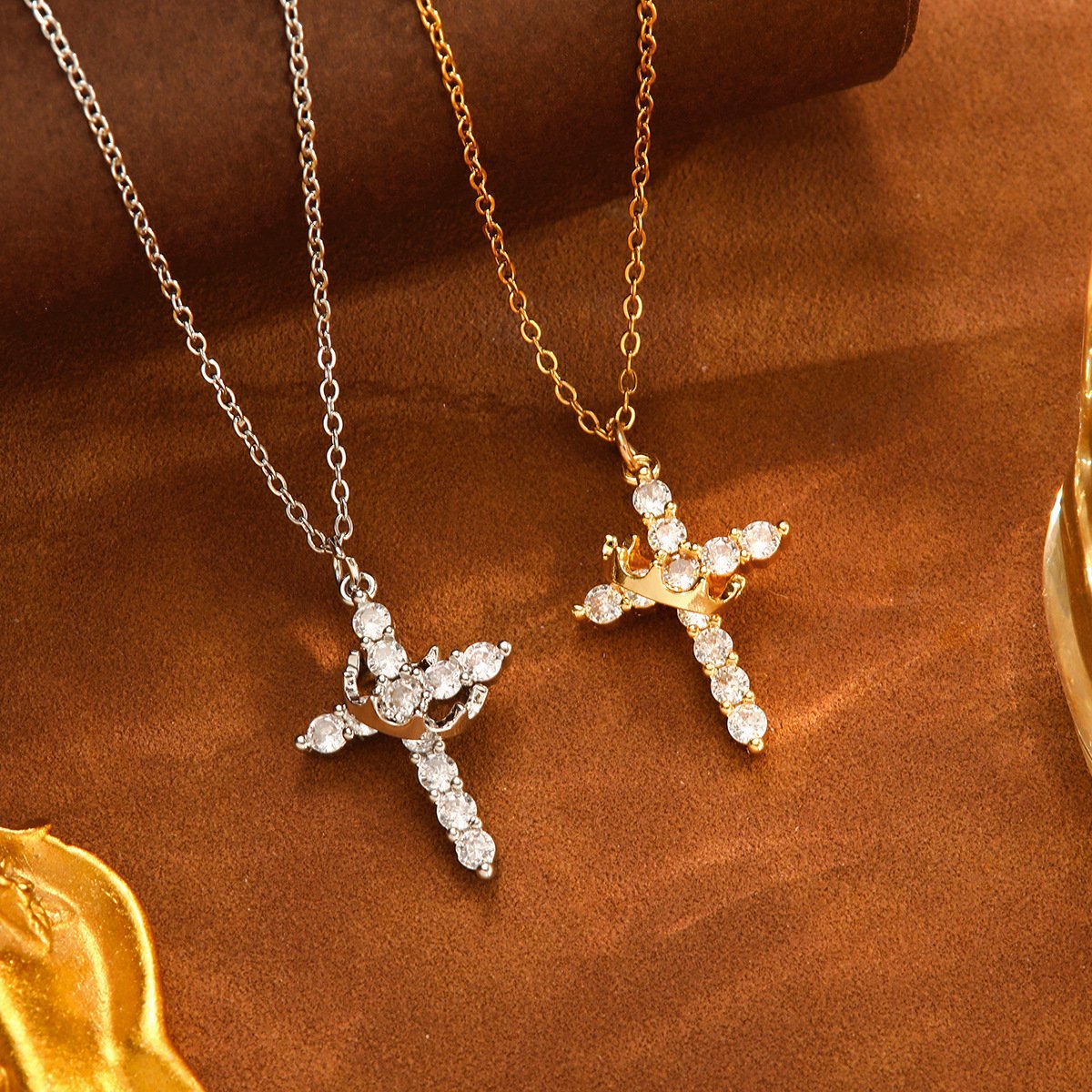 ✨ 14K Gold Plated Crown Cross Necklace