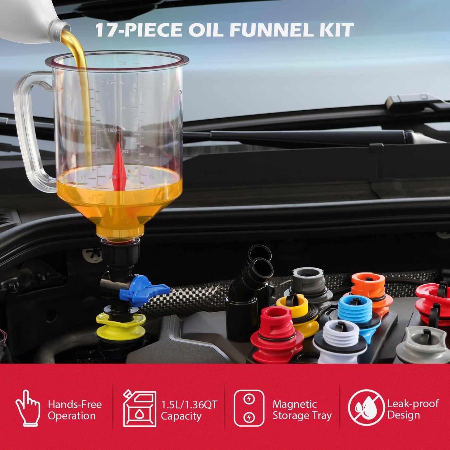 🔥47% OFF - 17-Piece Engine Oil Funnel Set, 1.36 qt Automotive Oil Funnel Kit with 12 Adapters