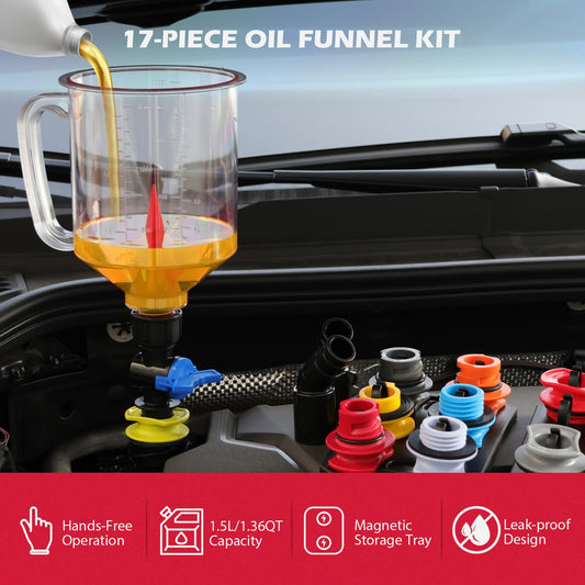 🔥47% OFF - 17-Piece Engine Oil Funnel Set, 1.36 qt Automotive Oil Funnel Kit with 12 Adapters