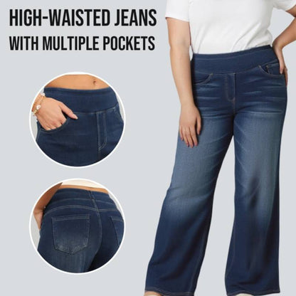 🏆 Women's High-Waisted Washed Baggy Wide-Leg Stretchy Knit Jeans with Multiple Pockets – Comfortable Casual Denim