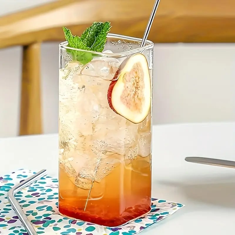 4 Pack Glass Cups with Lids and Straws 13oz Square Glasses Drinking Set