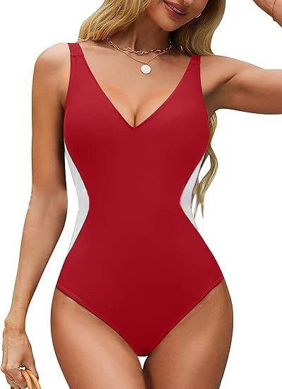 🏖️🏝️🏝️Illusion Waist-Cinching Deep V Color Block Swimsuit
