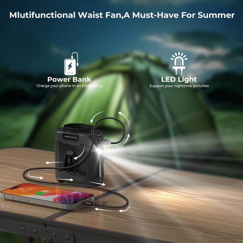 🔥Portable Fan, USB Rechargeable Waist Fan with Clip & Power Bank, Personal Cooling Fan for Outdoor Travel Camping