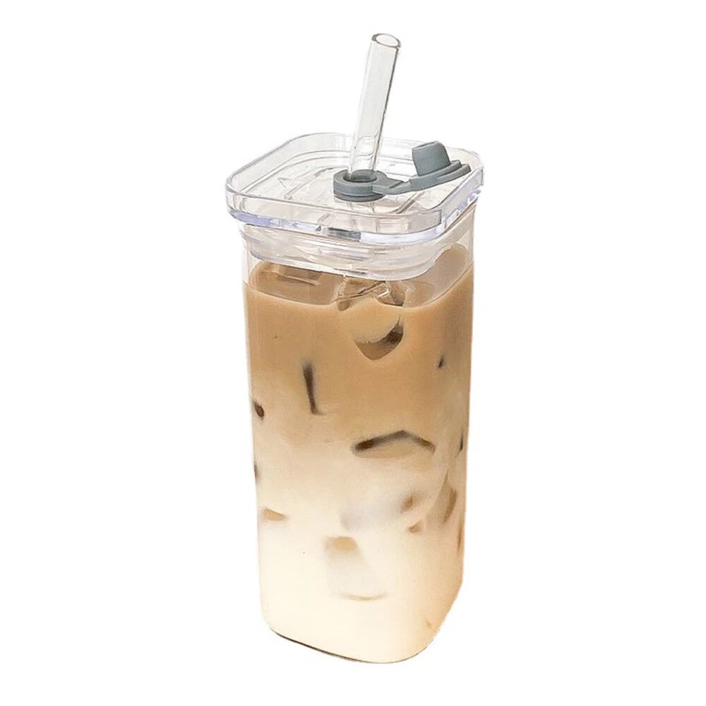 4 Pack Glass Cups with Lids and Straws 13oz Square Glasses Drinking Set