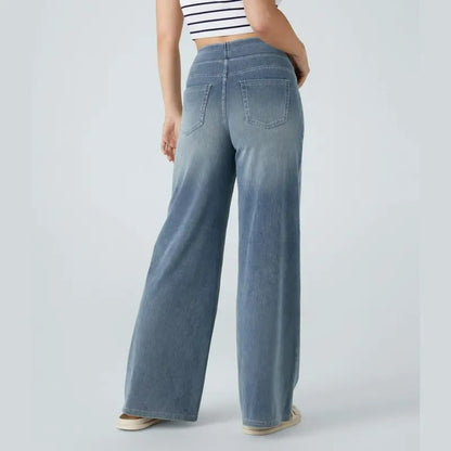 🏆 Women's High-Waisted Washed Baggy Wide-Leg Stretchy Knit Jeans with Multiple Pockets – Comfortable Casual Denim