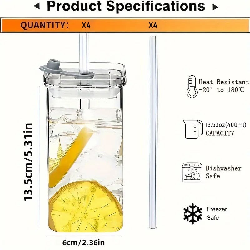 4 Pack Glass Cups with Lids and Straws 13oz Square Glasses Drinking Set