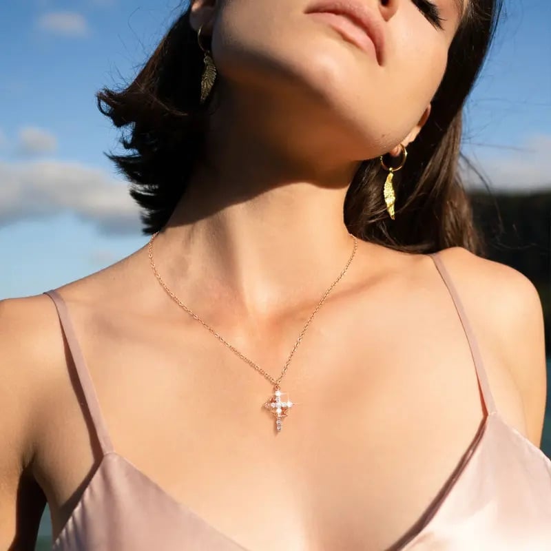 ✨ 14K Gold Plated Crown Cross Necklace