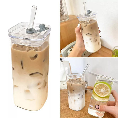 4 Pack Glass Cups with Lids and Straws 13oz Square Glasses Drinking Set