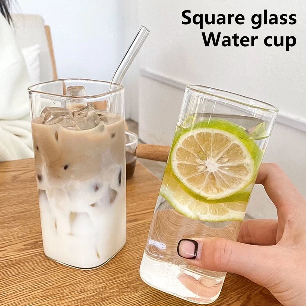 4 Pack Glass Cups with Lids and Straws 13oz Square Glasses Drinking Set