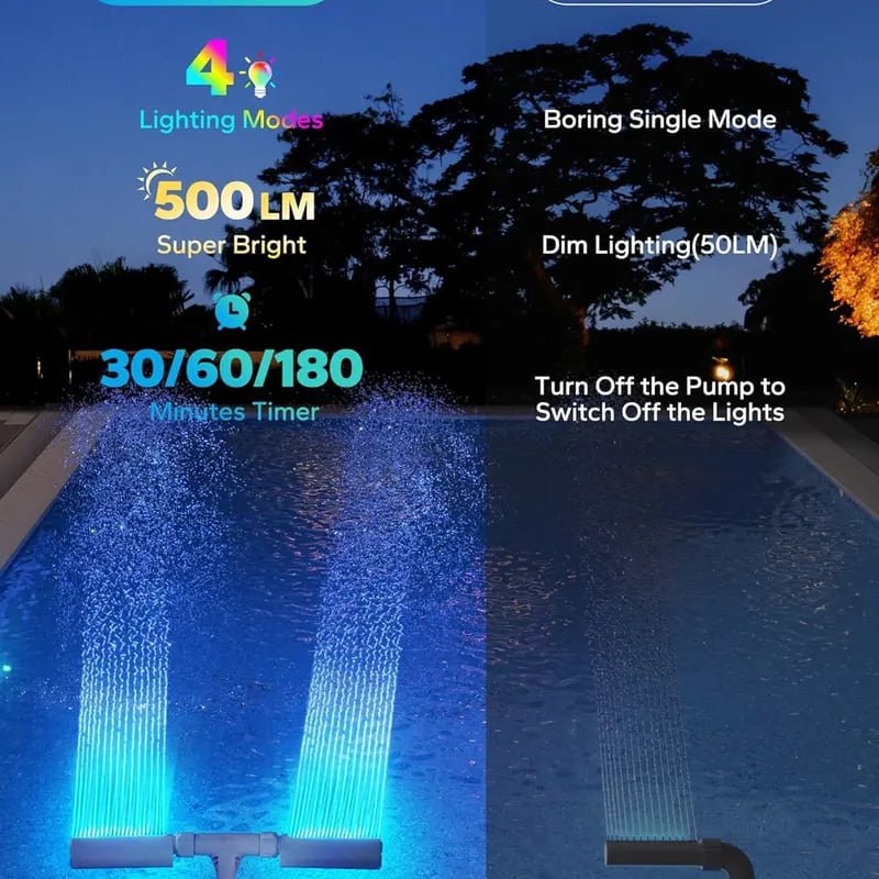 Solar Pool Fountain with Lights Dual Arc - Above/Inground Pool Fountain Lights with Remote Control