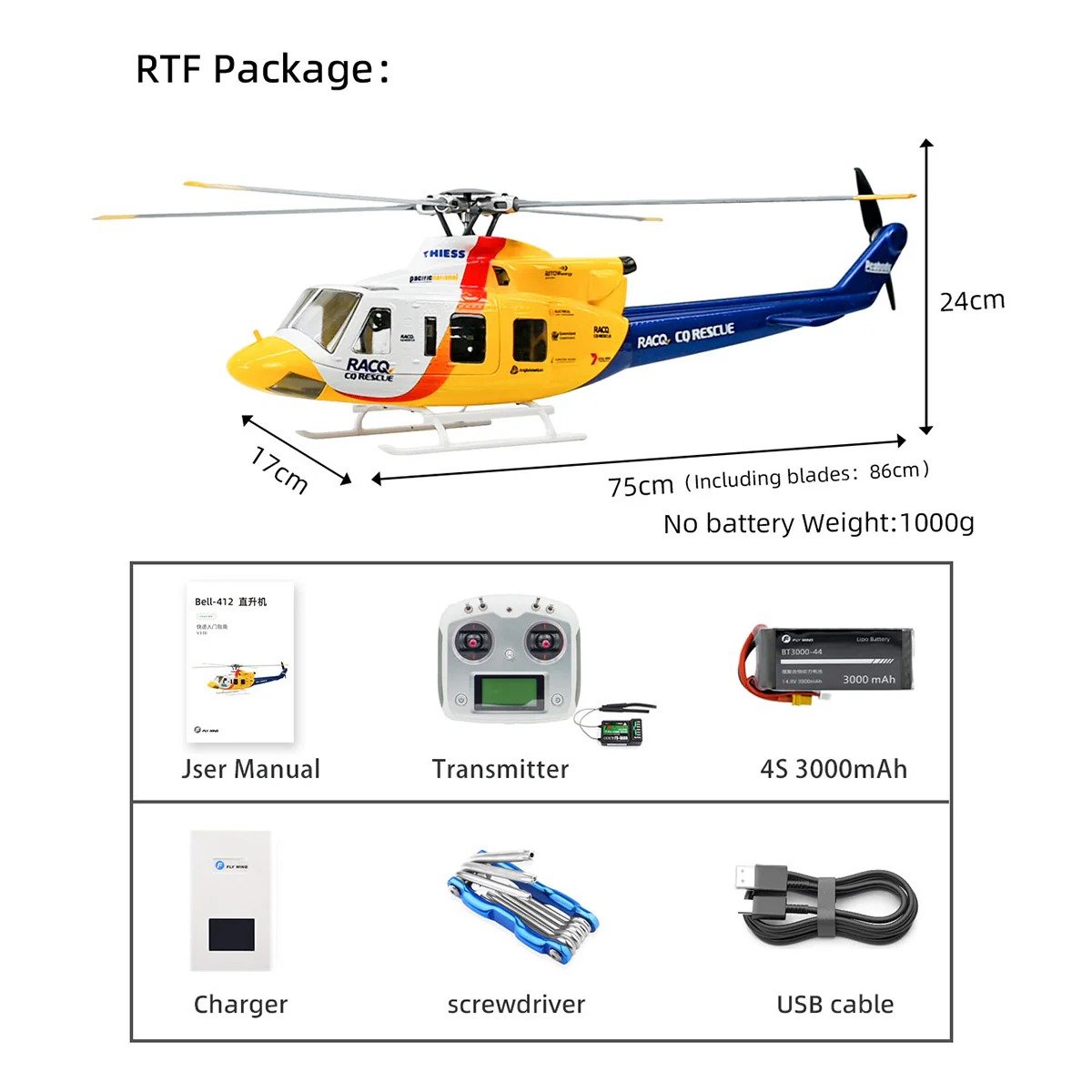 FLYWING BELL-412 V4 470-Class RC Military Helicopter – 2.4G 6CH
